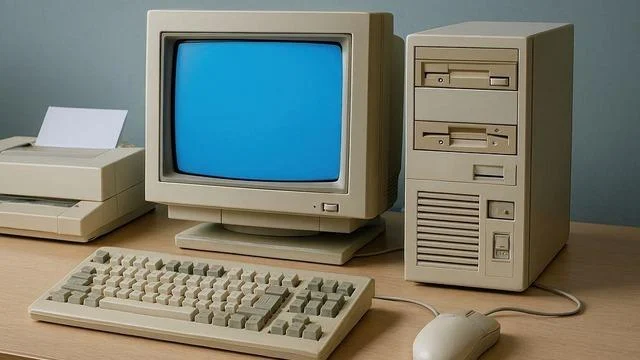 1980'ler ve 1990'lardan bej bilgisayar kasaları ve uyumlu ofis ekipmanları