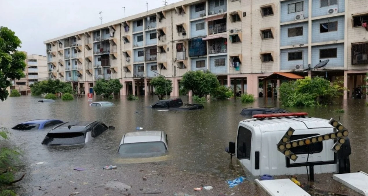 Bangkok’ta şiddetli yağışların ardından sel ve su baskınlarıyla yolların su altında kalması.