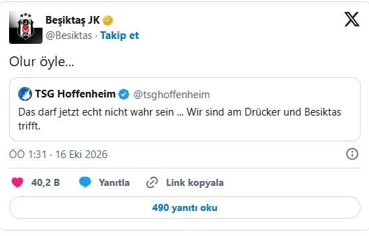 Beşiktaş, Hoffenheim'a "Olur öyle" yanıtıyla sosyal medyada gündem oldu - www.gundemedair.com