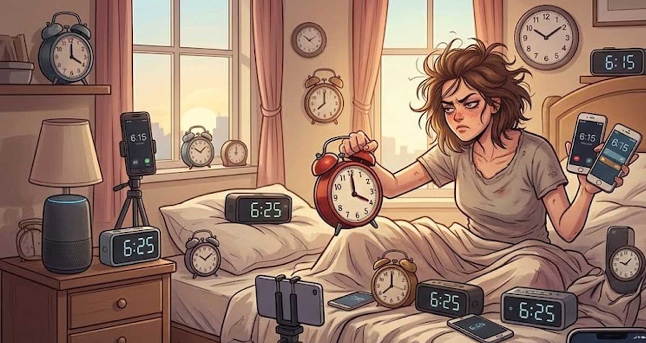 Sabah alarmı ve yataktan kalkma zorluğu yaşayan burçlar temalı illüstrasyon