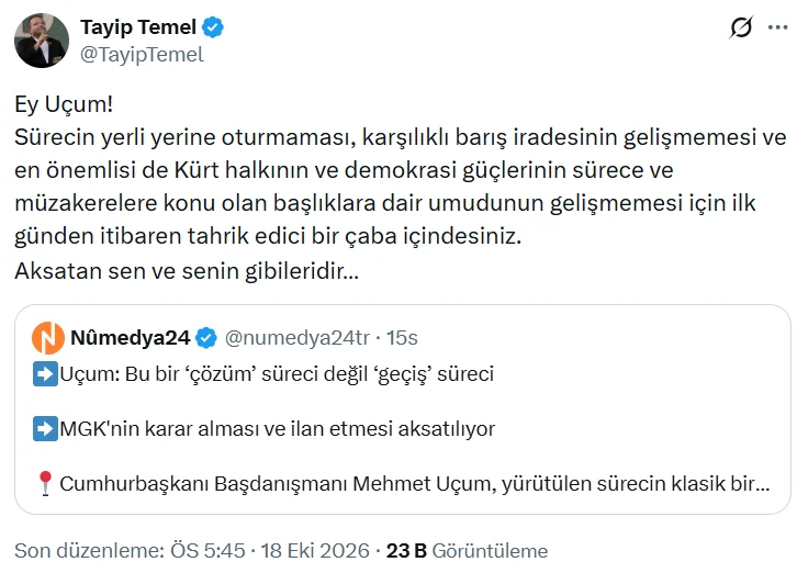 DEM Partili Tayip Temel'den Mehmet Uçum'a 'süreç' tepkisi - www.gundemedair.com