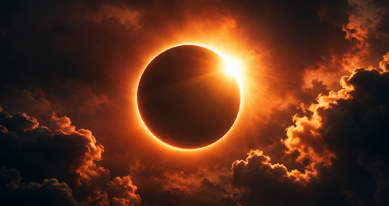 Mars’ın Yengeç’e geçişi ve 12 Ağustos’taki Güneş tutulmasını anlatan astroloji temalı görsel.