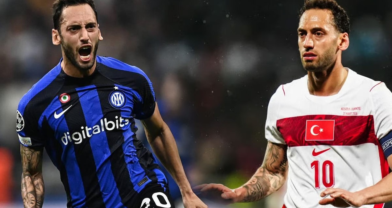 Fenerbahçe logosu ve Hakan Çalhanoğlu’nun transfer gündemiyle ilgili futbol görseli
