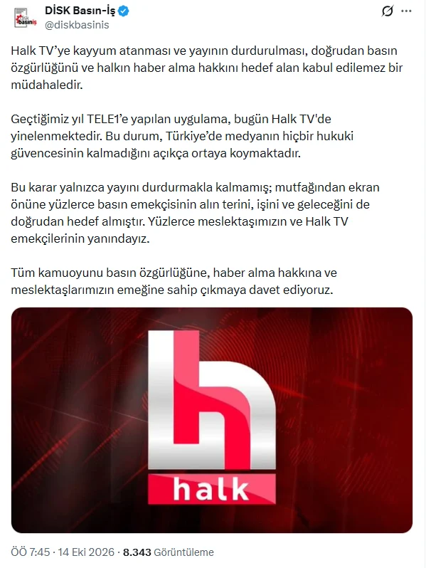 Halk TV'ye kayyım atanması ve yayının durdurulması, basın özgürlüğüne ağır bir darbe olarak değerlendirildi - www.gundemedair.com