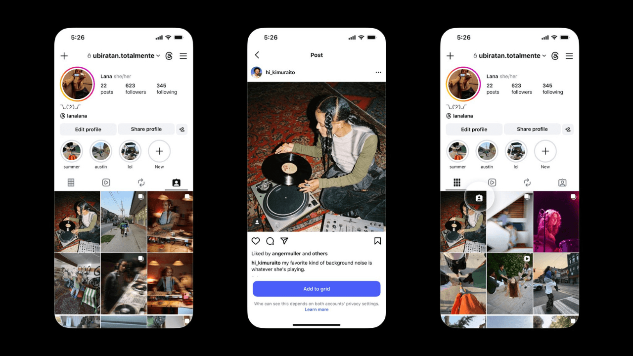 Instagram’da etiketli gönderilerin profil akışına eklenmesini sağlayan “Add to grid” seçeneğini gösteren uygulama görünümü.