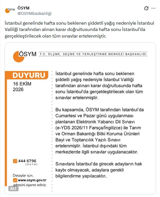 ÖSYM, İstanbul'daki Hafta Sonu Sınavlarını Şiddetli Yağış Nedeniyle Erteledi - www.gundemedair.com