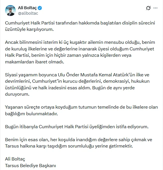 Tarsus Belediye Başkanı Ali Boltaç CHP üyeliğinden istifa etti - www.gundemedair.com