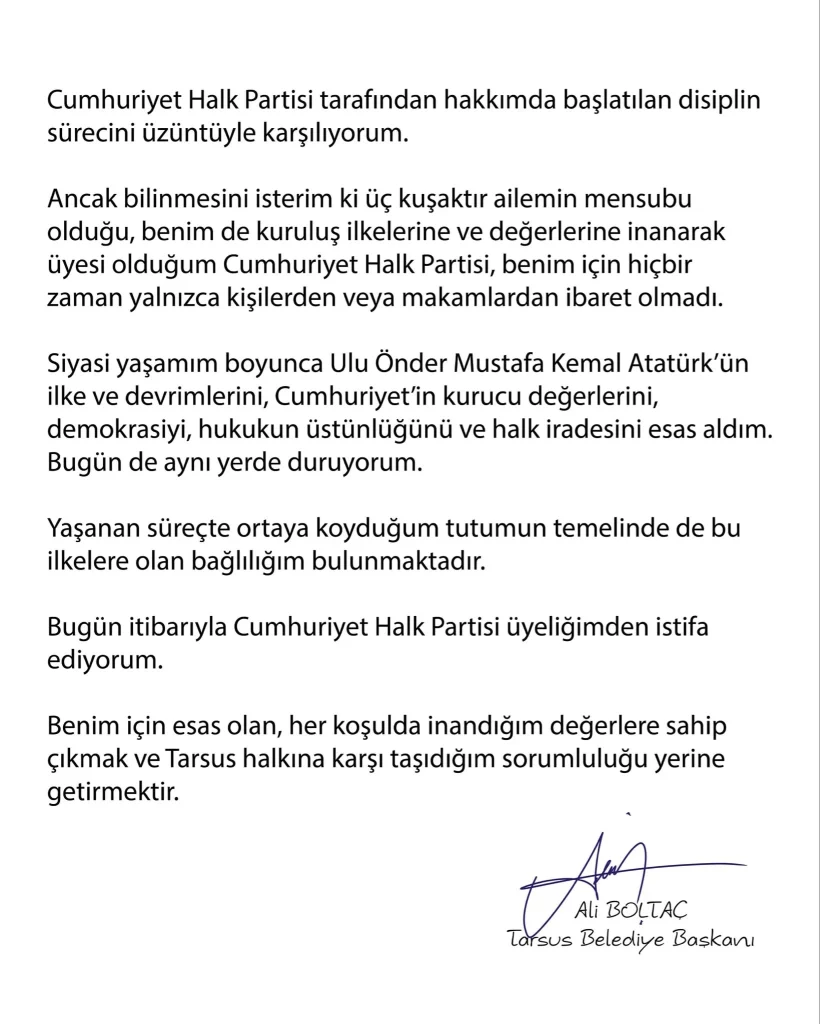 Tarsus Belediye Başkanı Ali Boltaç CHP üyeliğinden istifa etti - www.gundemedair.com