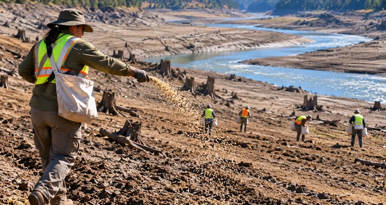Klamath Nehri kıyısında yerli bitki tohumu ekimi ve yeniden yeşerme çalışmaları