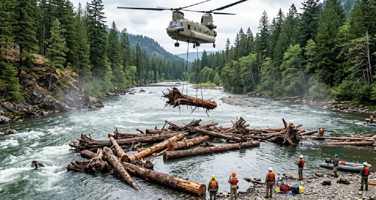 Washington'da Helikopterlerle Nehre 6 Bin Kütük Bırakıldı: Ekolojik Restorasyon Projesi - www.gundemedair.com