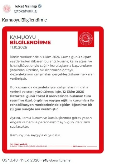 2 bini aşkın vatandaş hastanelik olmuştu: Tokat'ta eğitime 1 gün ara - Sözcü Gazetesi