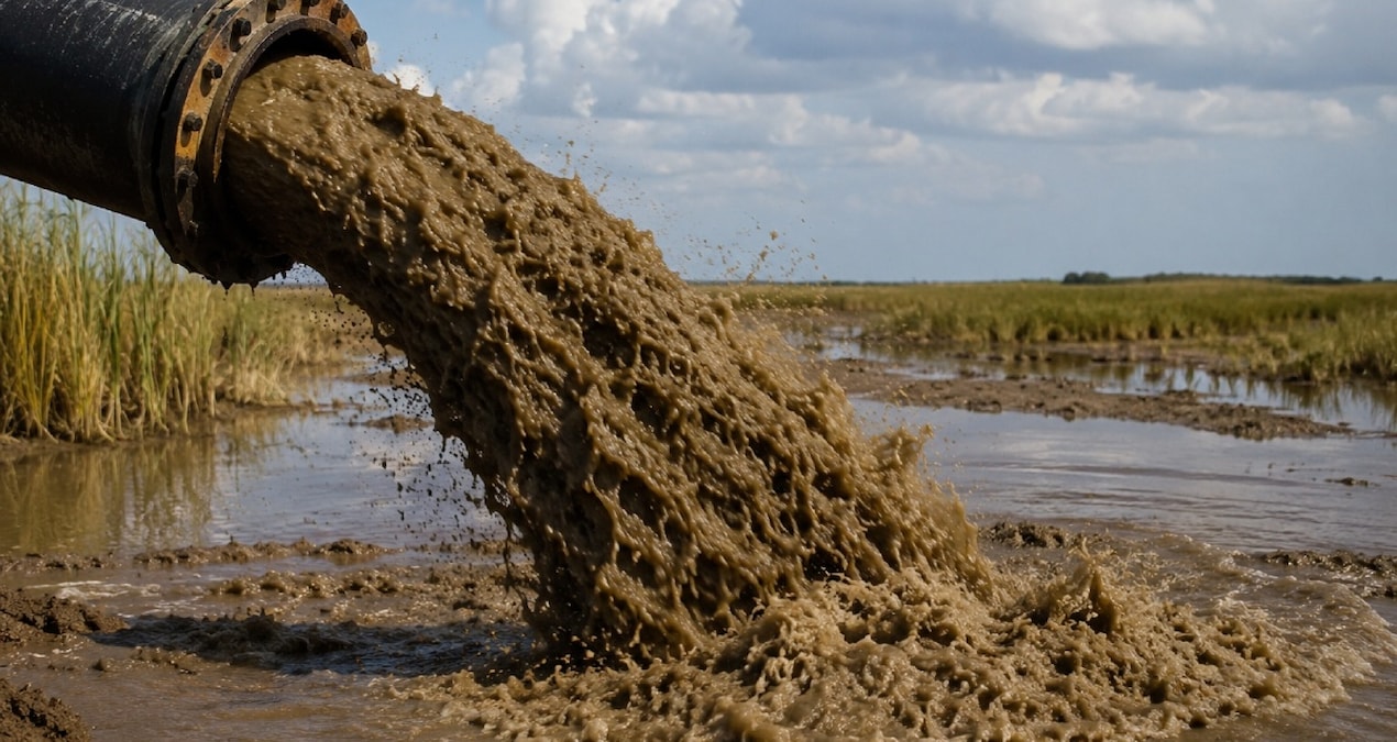 Wicomico Nehri’nde dip tarama sonrası çıkarılan tortunun boru hattıyla bataklık alanına taşınması