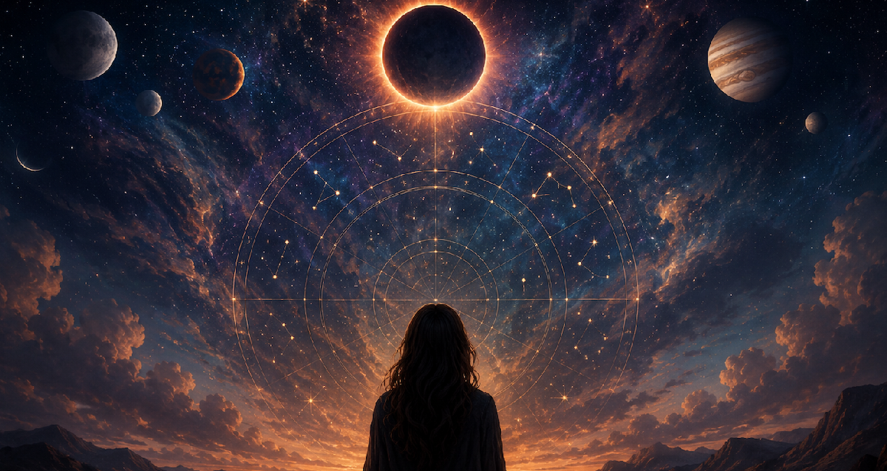 Ağustos 2026 gökyüzü hareketlerini anlatan astroloji temalı görsel