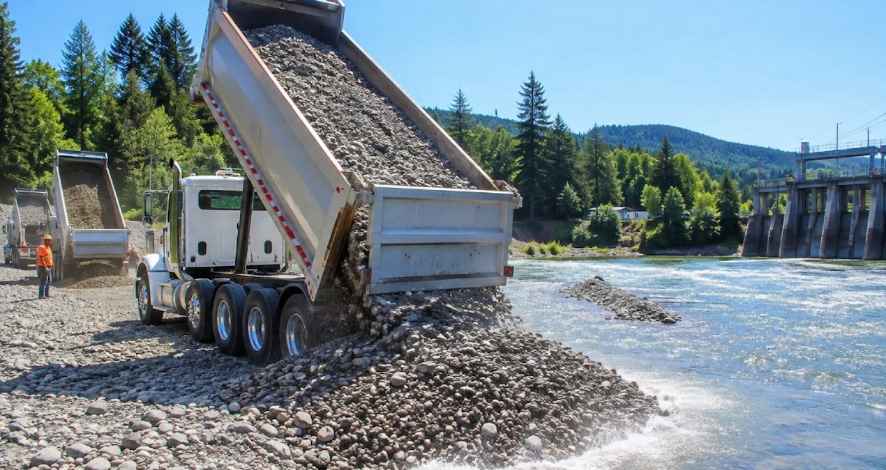 Sacramento Nehri’nde çakıllar, kış dönemi Chinook somonlarının yumurtlama alanlarını desteklemek için bırakıldı.