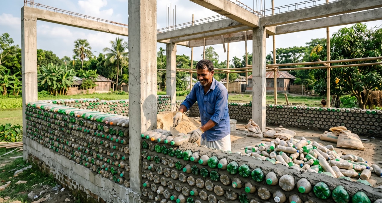 Bangladeş’te kumla doldurulmuş plastik şişelerle inşa edilen tek katlı ev projesi