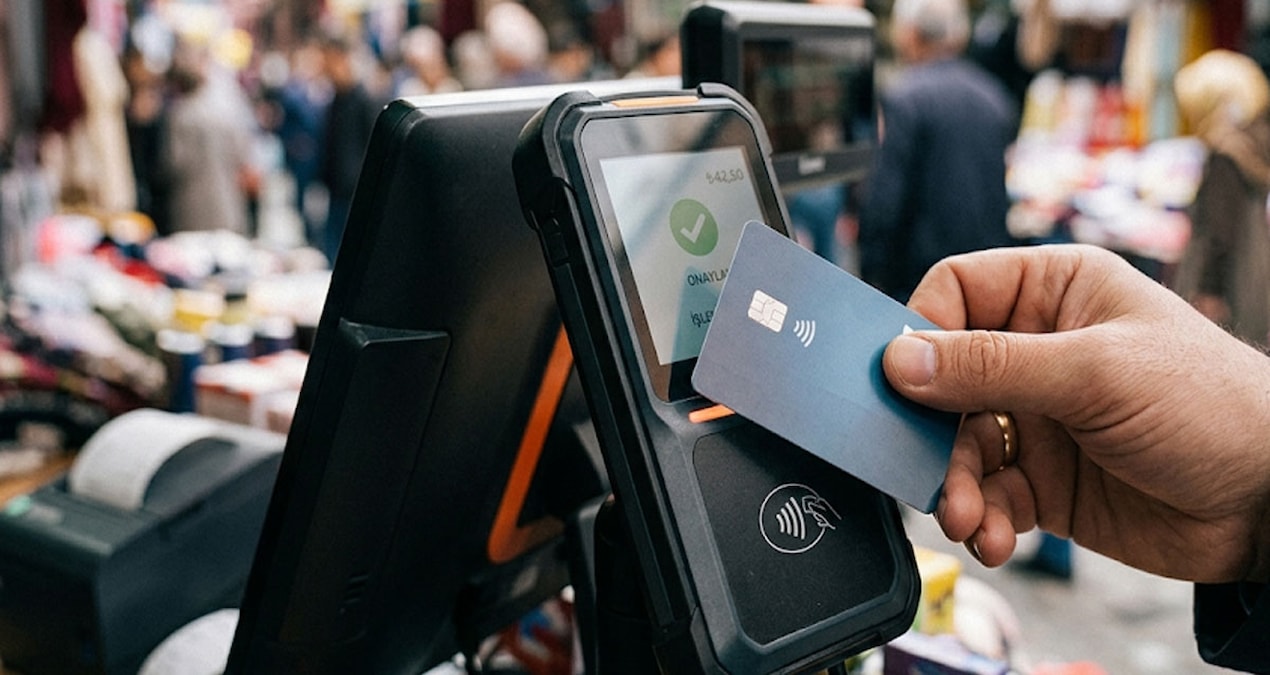 POS cihazı ekranında ödeme tutarının teyit edilmesi ve slip ile fiş tutarının eşleştirilmesi gerektiğini gösteren görsel