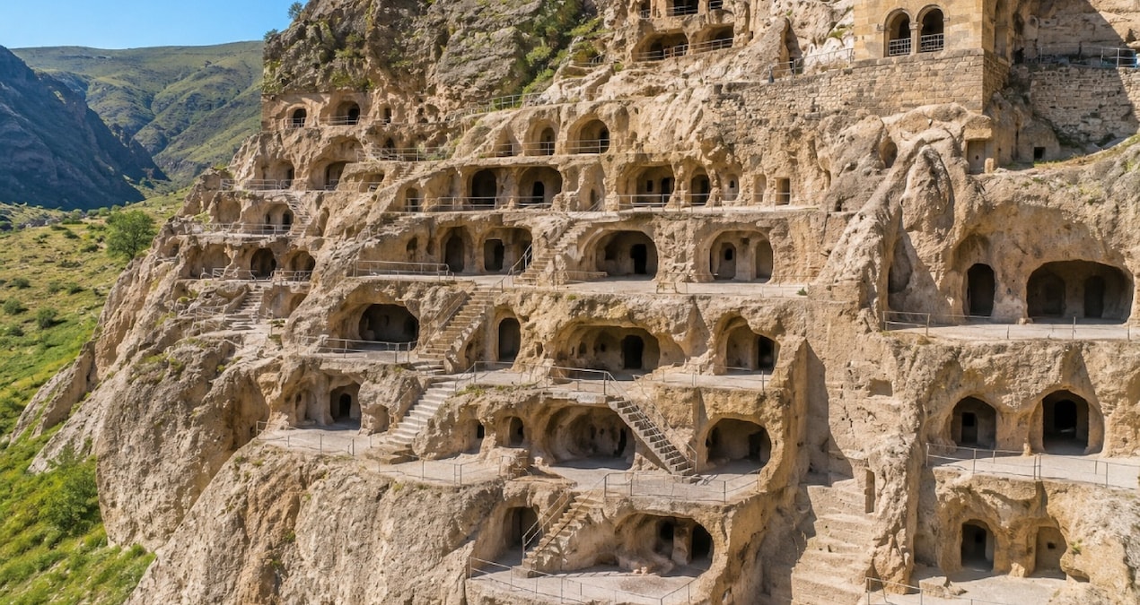 Gürcistan’da Erusheti Dağı kayalık yüzeyine oyulmuş Vardzia yerleşimi ve açık odalar.