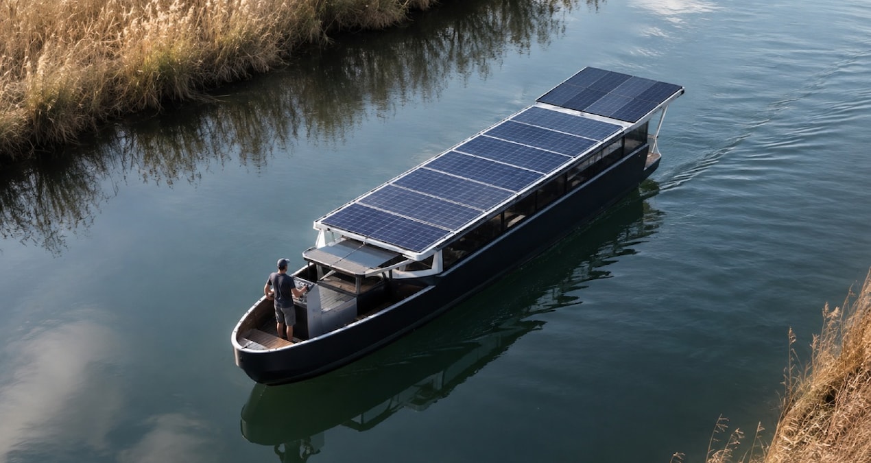 Güneş panelleri bulunan Helios 11 adlı güneş enerjili tekne ve güneşli enerji sistemi